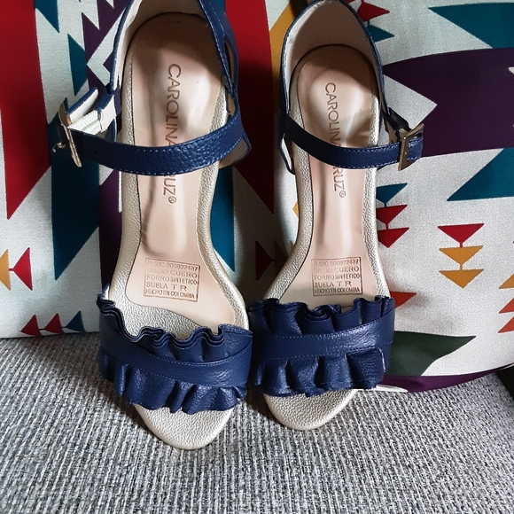 Carolina Cruz Blue Faux Wood Heel Sandals - Picture 2 of 12